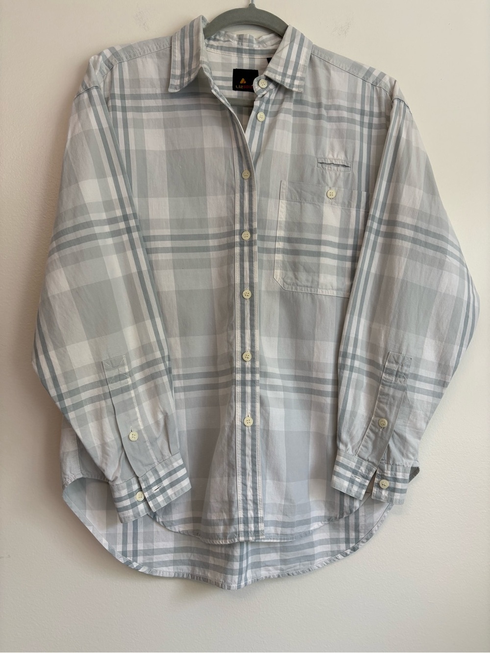 Vintage Liz Claiborne Sport Light Gray Plaid Button-Up Cotton Lightweight Sz M